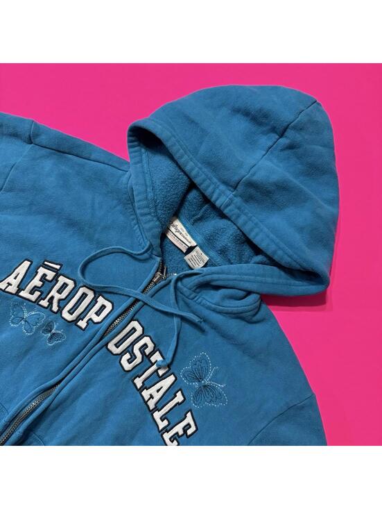 Aeropostale Tops - Y2K Aeropostale Rare Embroidered Butterfly Cropped Hoodie Jacket Blue Women L